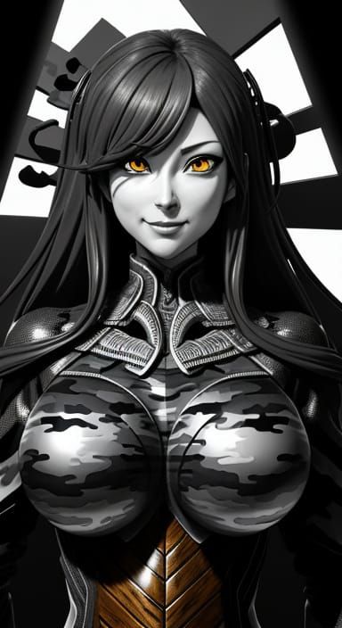 Symmetrical Lady in Chiaroscuro Woodgrain and Fractal Patter...