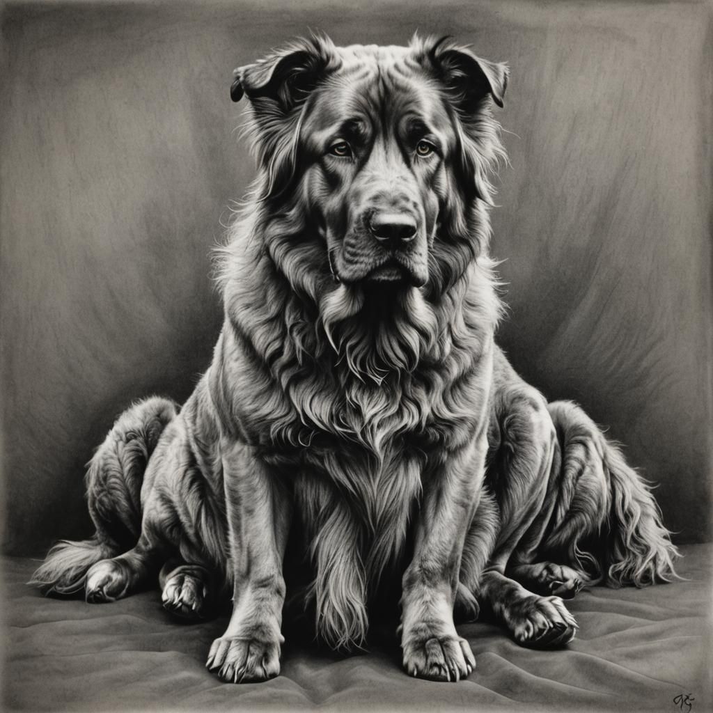Detailed Charcoal Drawing of a Large Dog