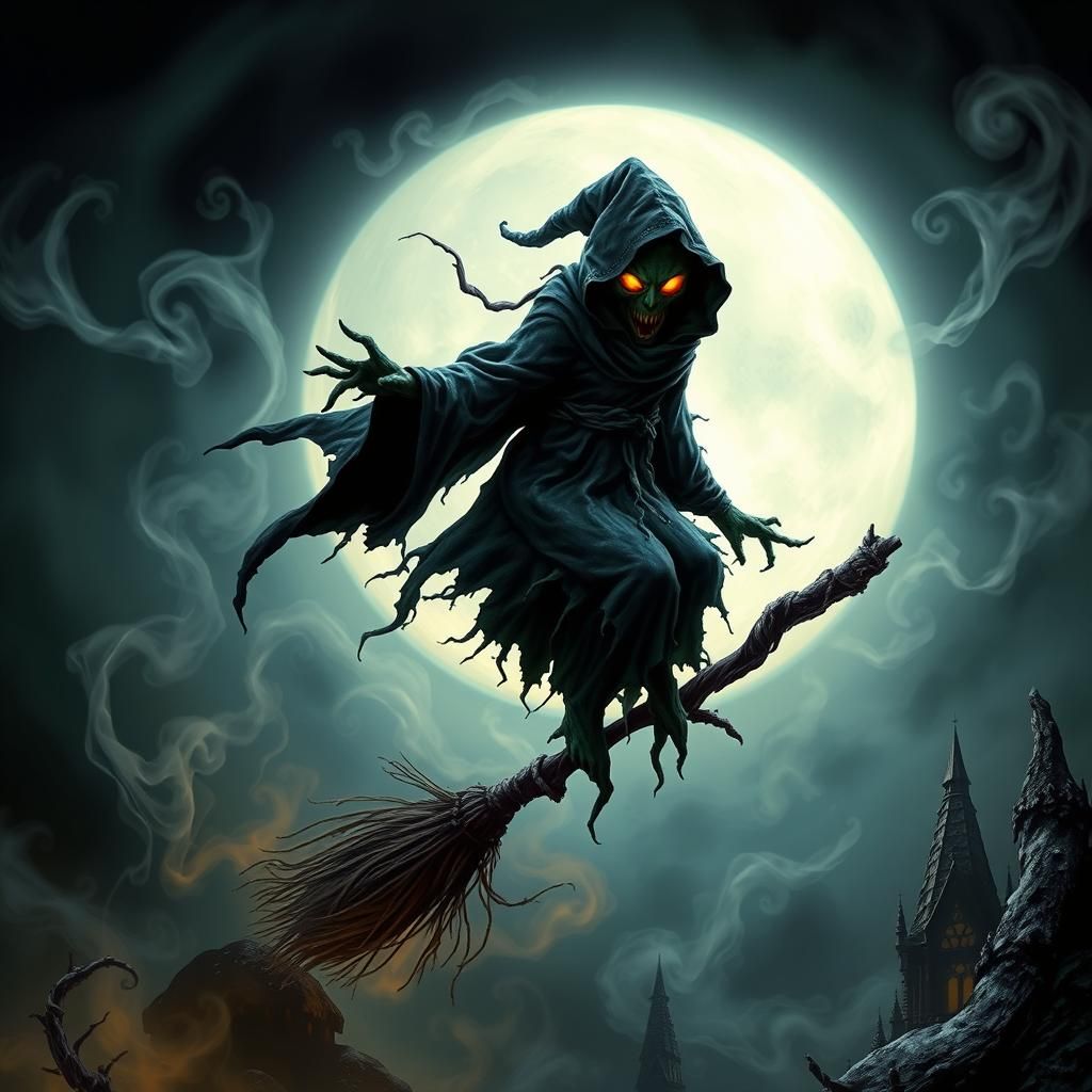 Ethereal Apparition on Broomstick in Fantasy Landscape