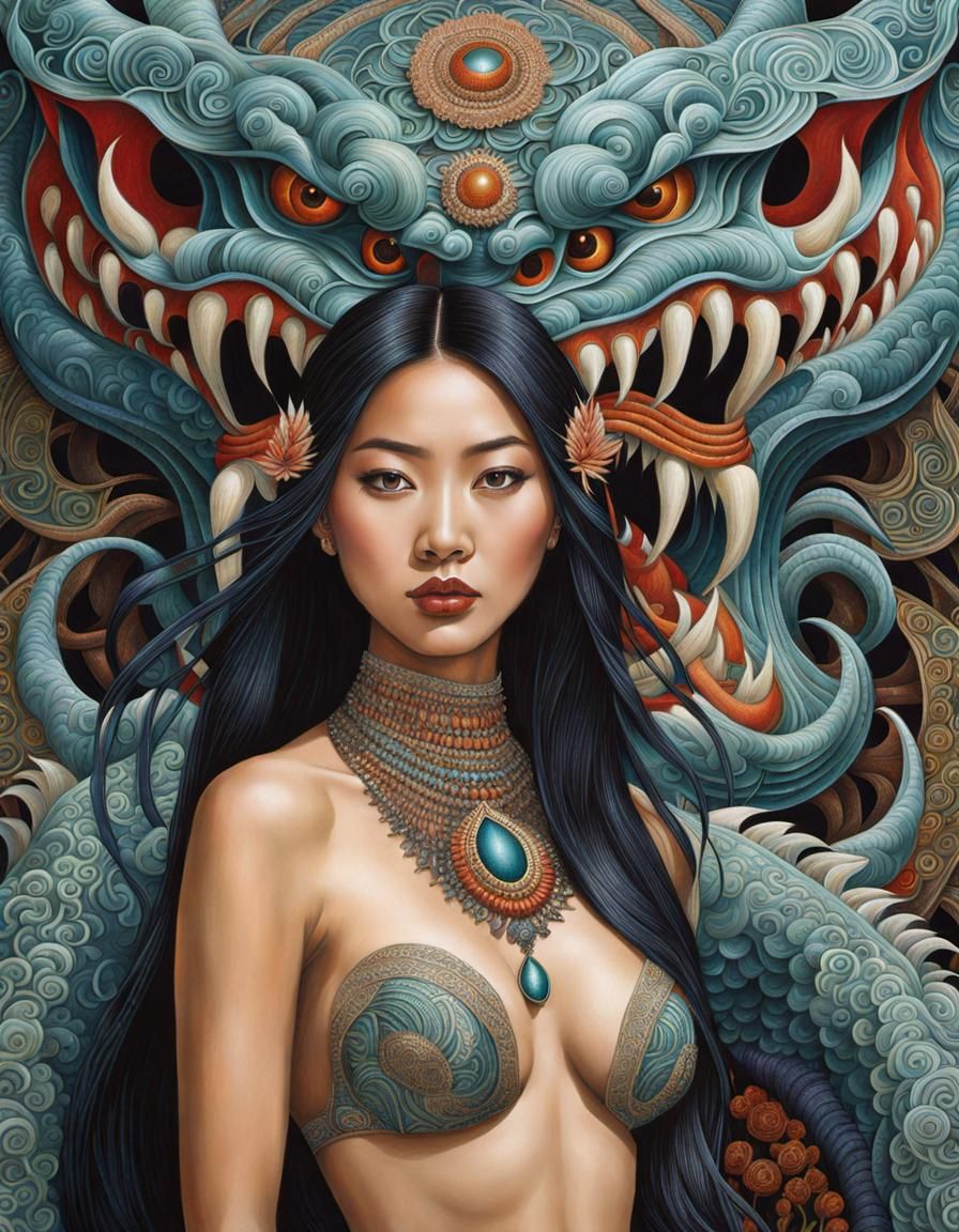 Mystical Ghost Monster with Asian Woman, Surreal Art