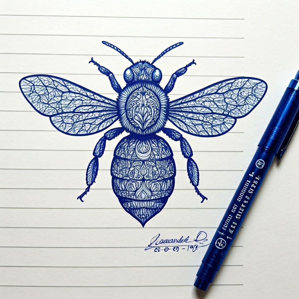 Blue Ink Bee Drawing with Ornate Details