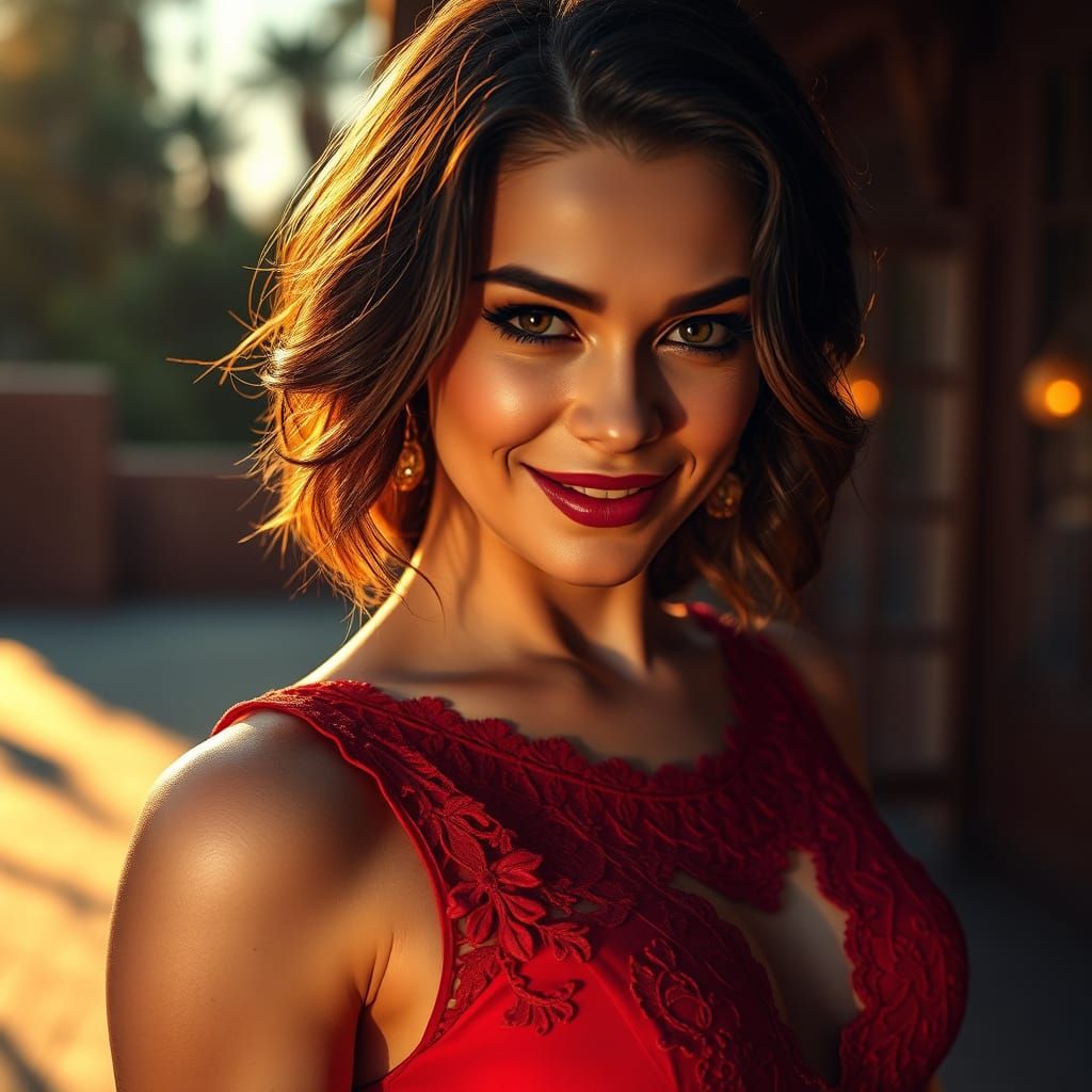 Seductive Woman in Red Dress at Sunset