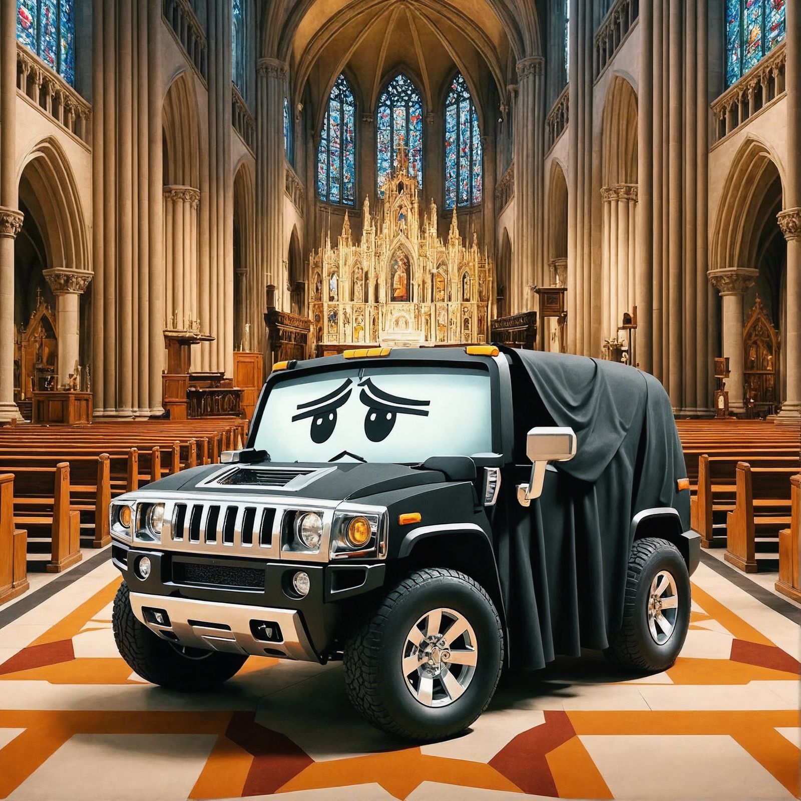 Sad Hummer Caricature in Church Illustration