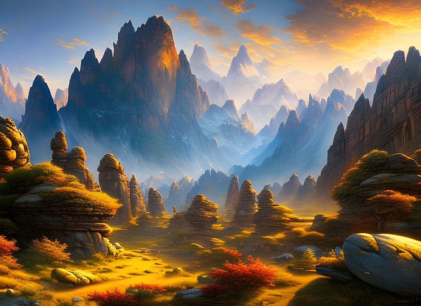 Fantasycore Rocky Mountain Landscape in Golden Sunlight