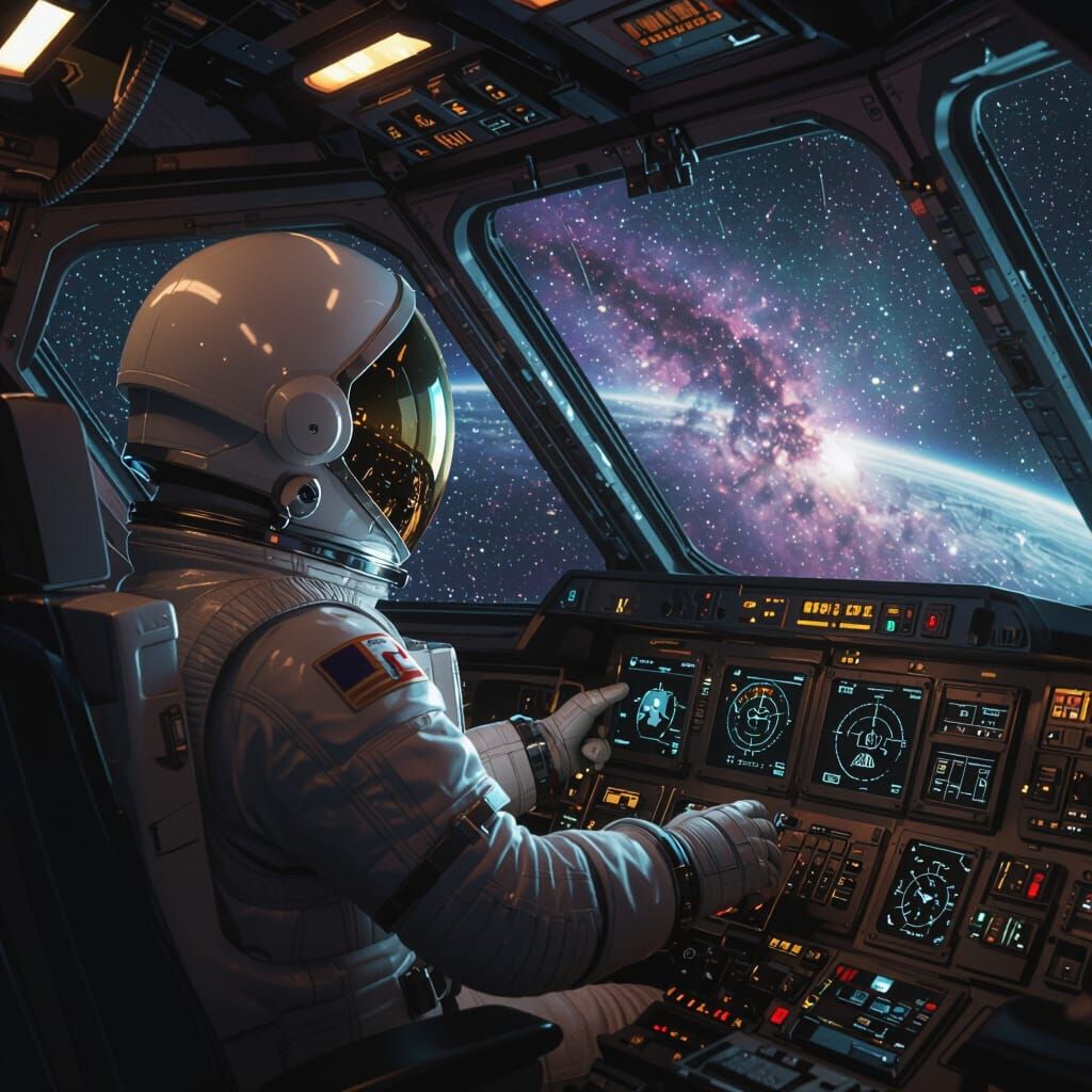 Astronaut Views Spaceship Controls Under Cosmic Glow