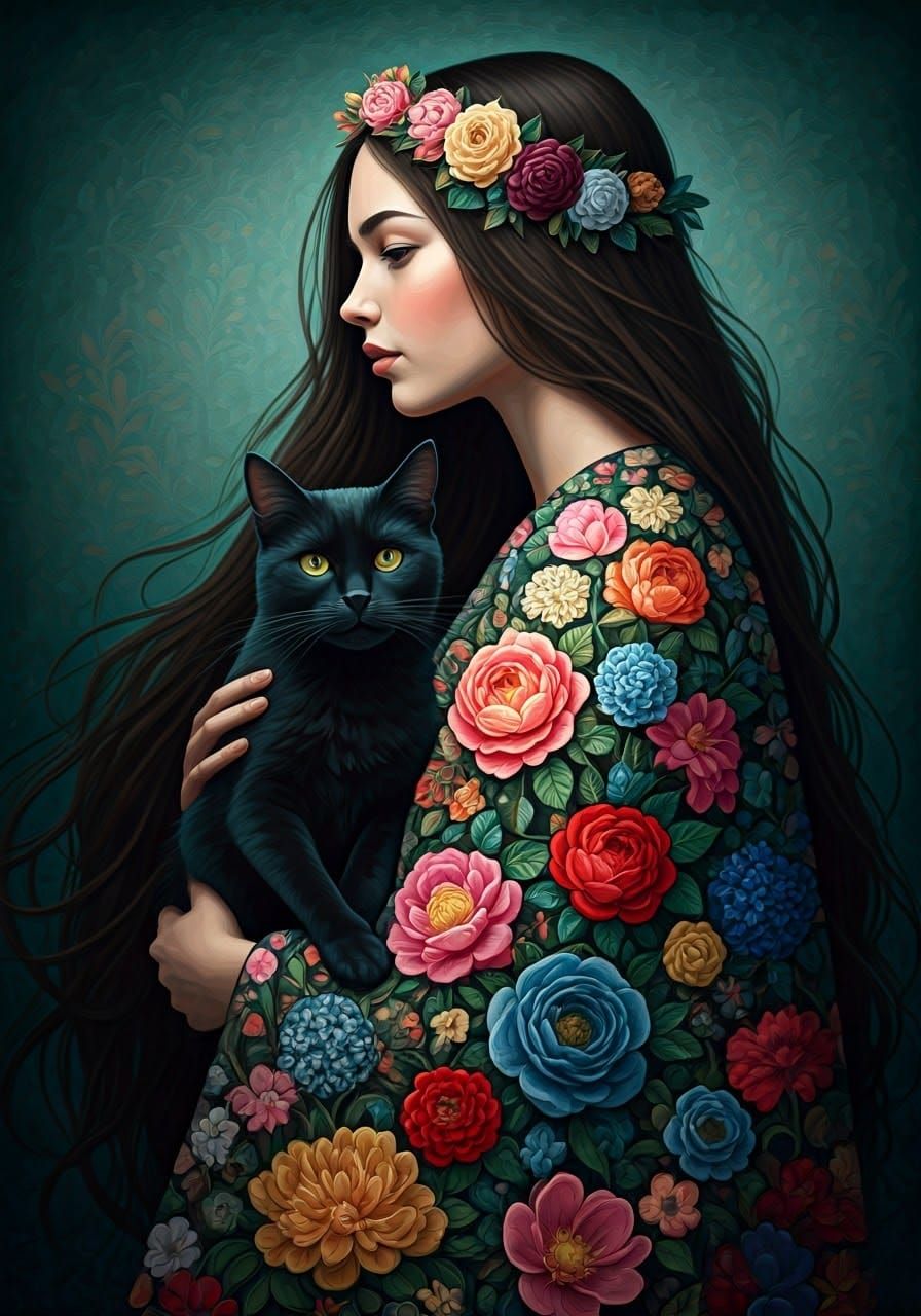 Woman in Floral Dress with Black Cat Portrait