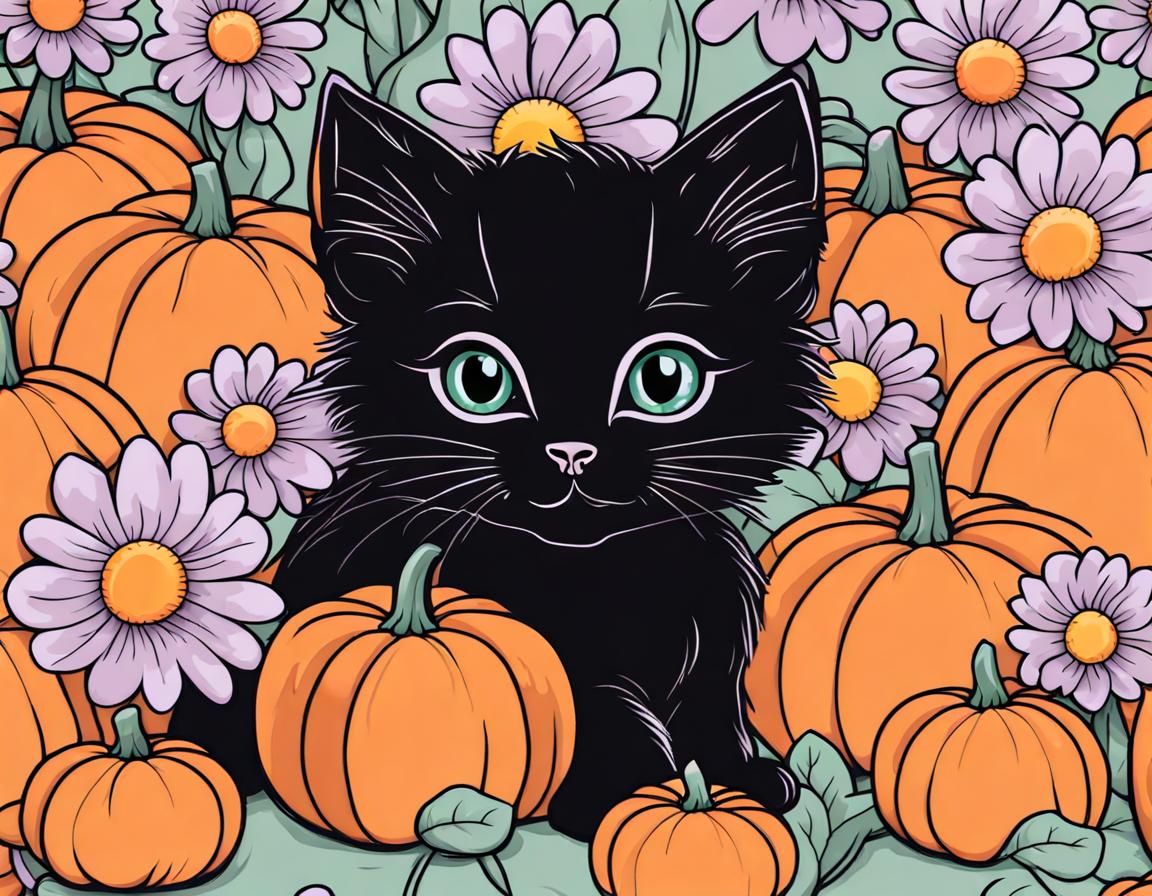 Black Kitten in Pastel Pumpkin Patch