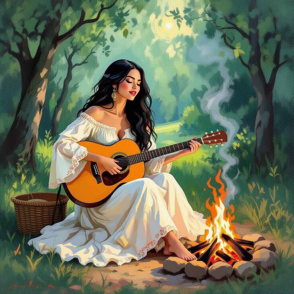 Hippie Lady Singing at Campfire: Impressionist Style