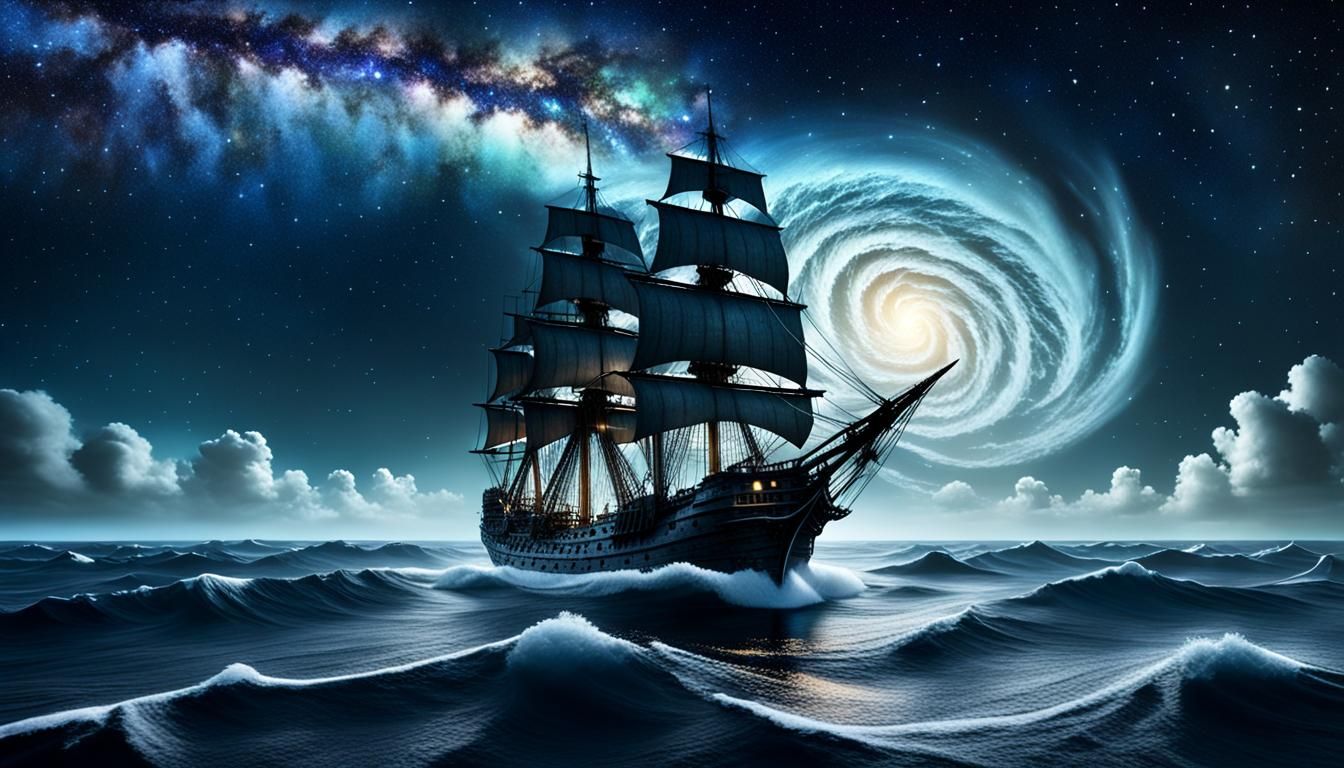 Ghostly Flying Dutchman Ship at Night in 3D