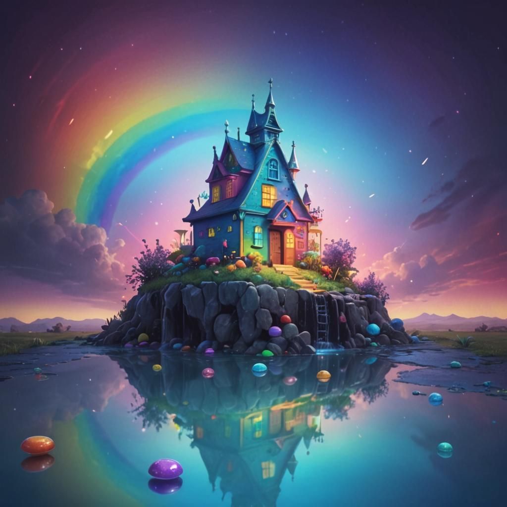Whimsical Candy Land Wishing Well in a Rainbow Landscape