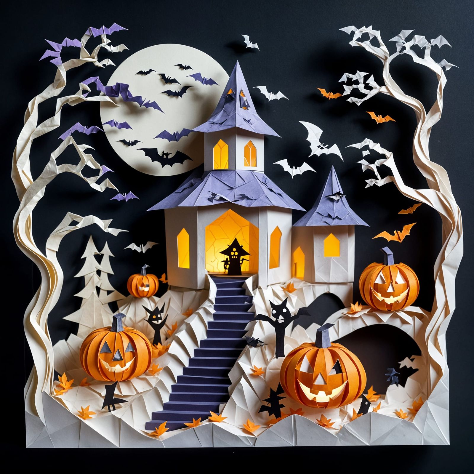 Whimsical Halloween Papercraft Diorama with Origami Pumpkins