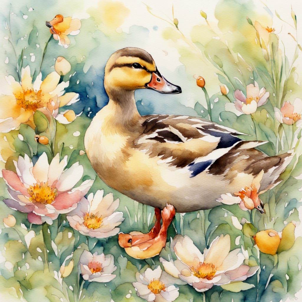 Duck and Ducklings in Sunny Garden: Watercolour Art