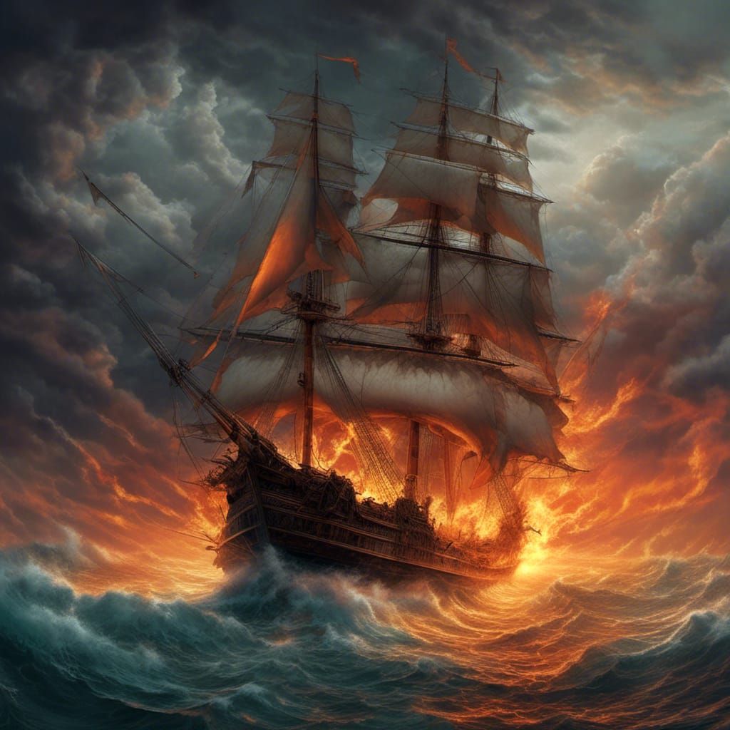 Fiery Man-of-War Ship in Stormy Seas