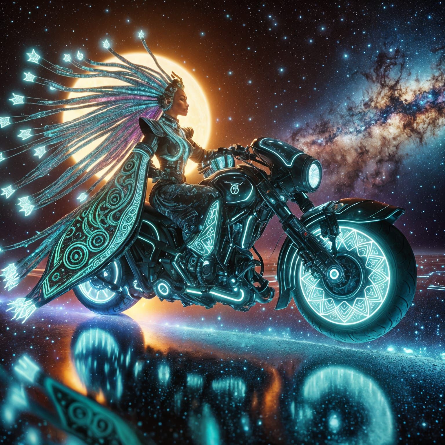 Afrofuturistic Goddess Rides Cosmic Motorcycle Across Nebula