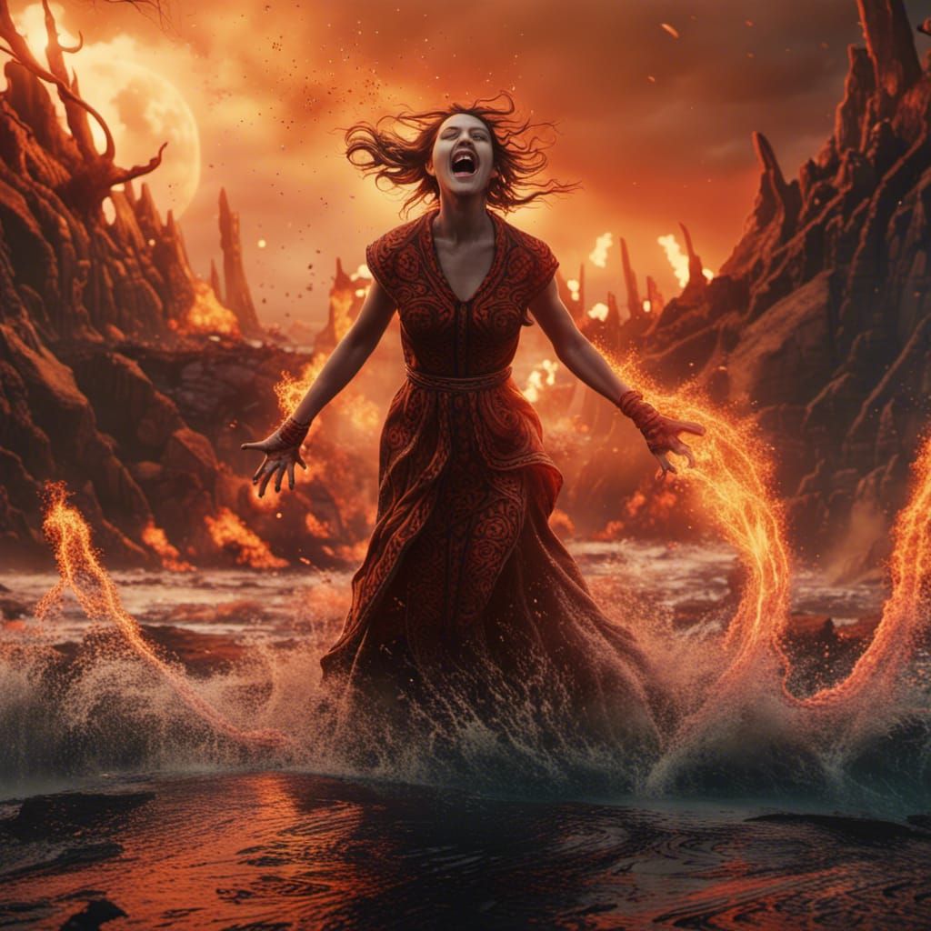 Woman Screams in Lake of Fire: Fantasy Concept Art