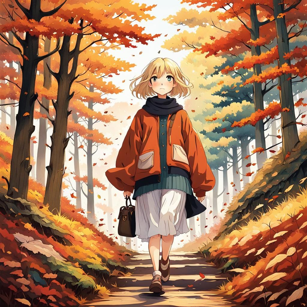 Anime Girl in Autumn Forest, Miyazaki Style