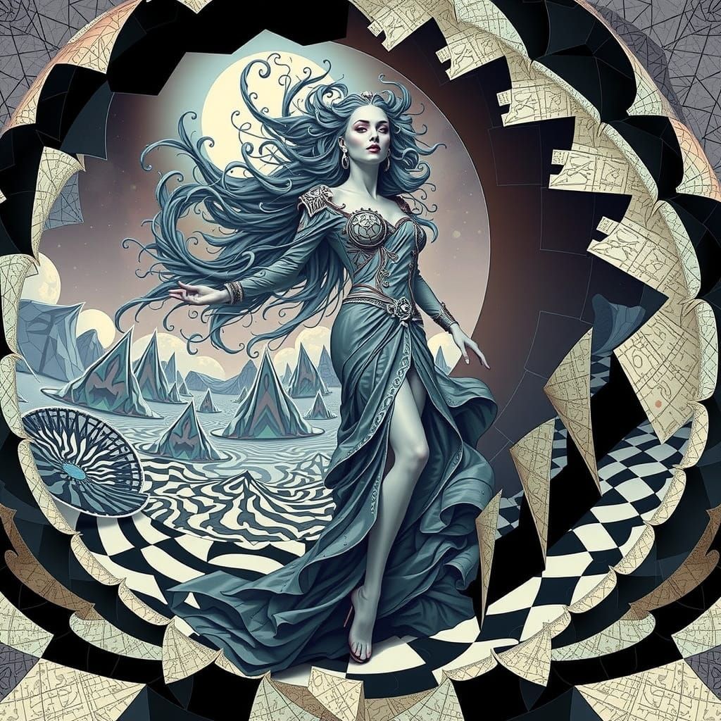 Woman in Fractal Geometry with Neon Lights