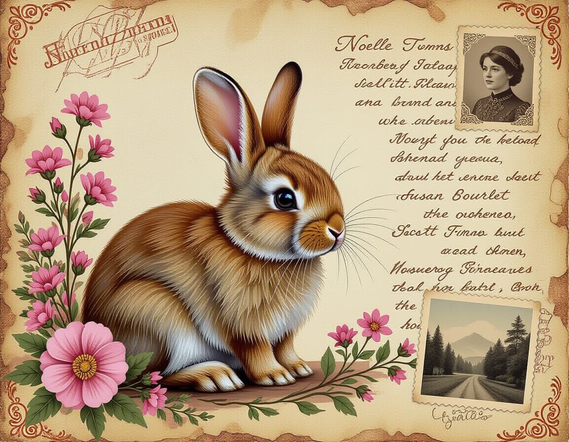 Brown Bunny Peers from Vintage Journal in Scratch Art Style