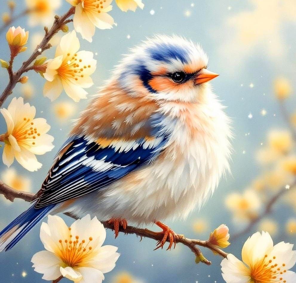 Fluffy Finch Preening in Watercolour Oil Painting