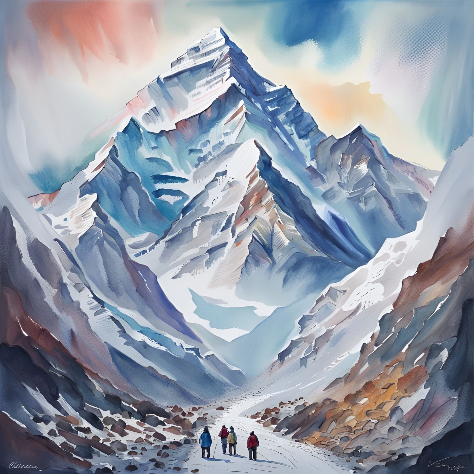 Mount Everest in Gouache Style Impressionist Painting