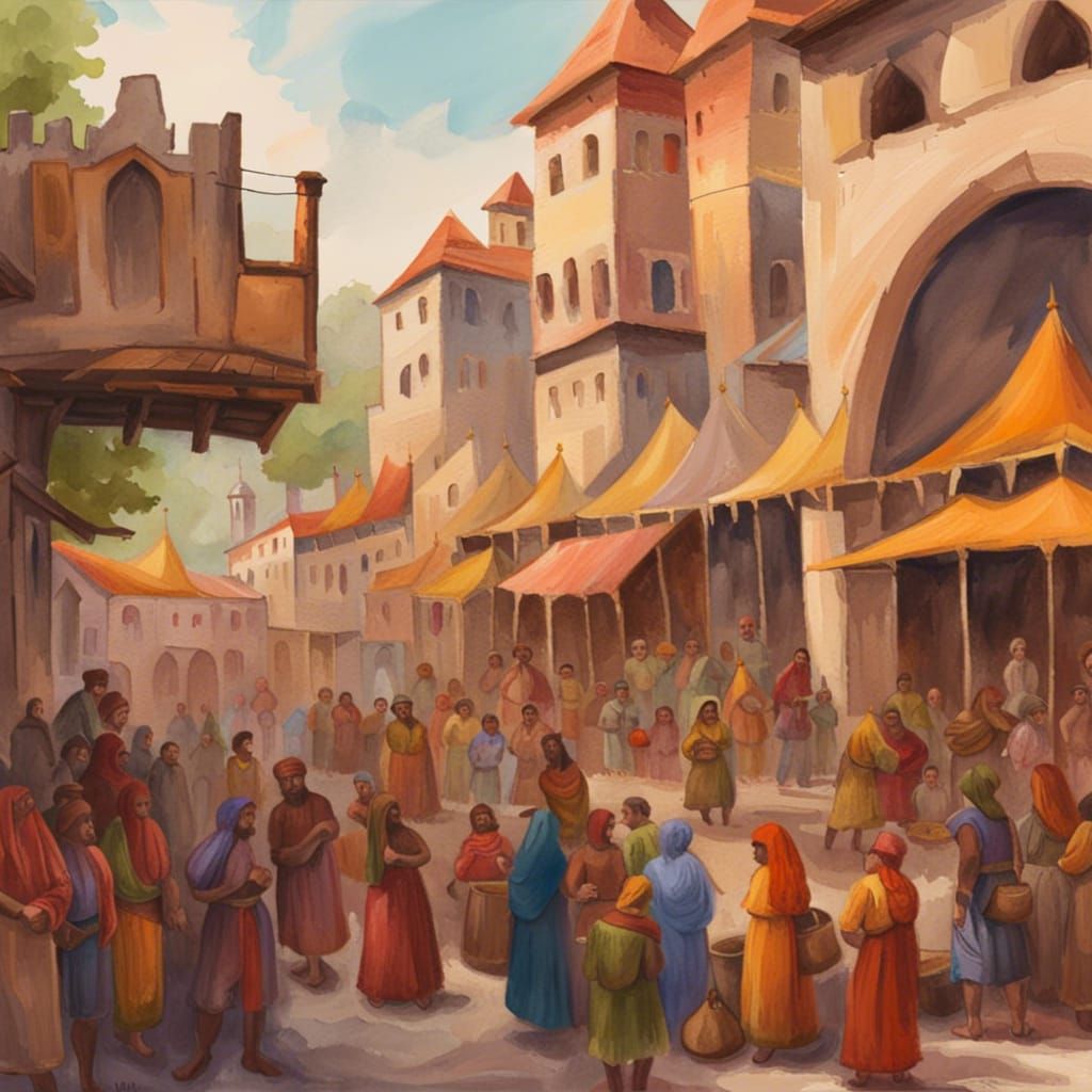 Medieval Indian Market in Gouache Watercolor Style