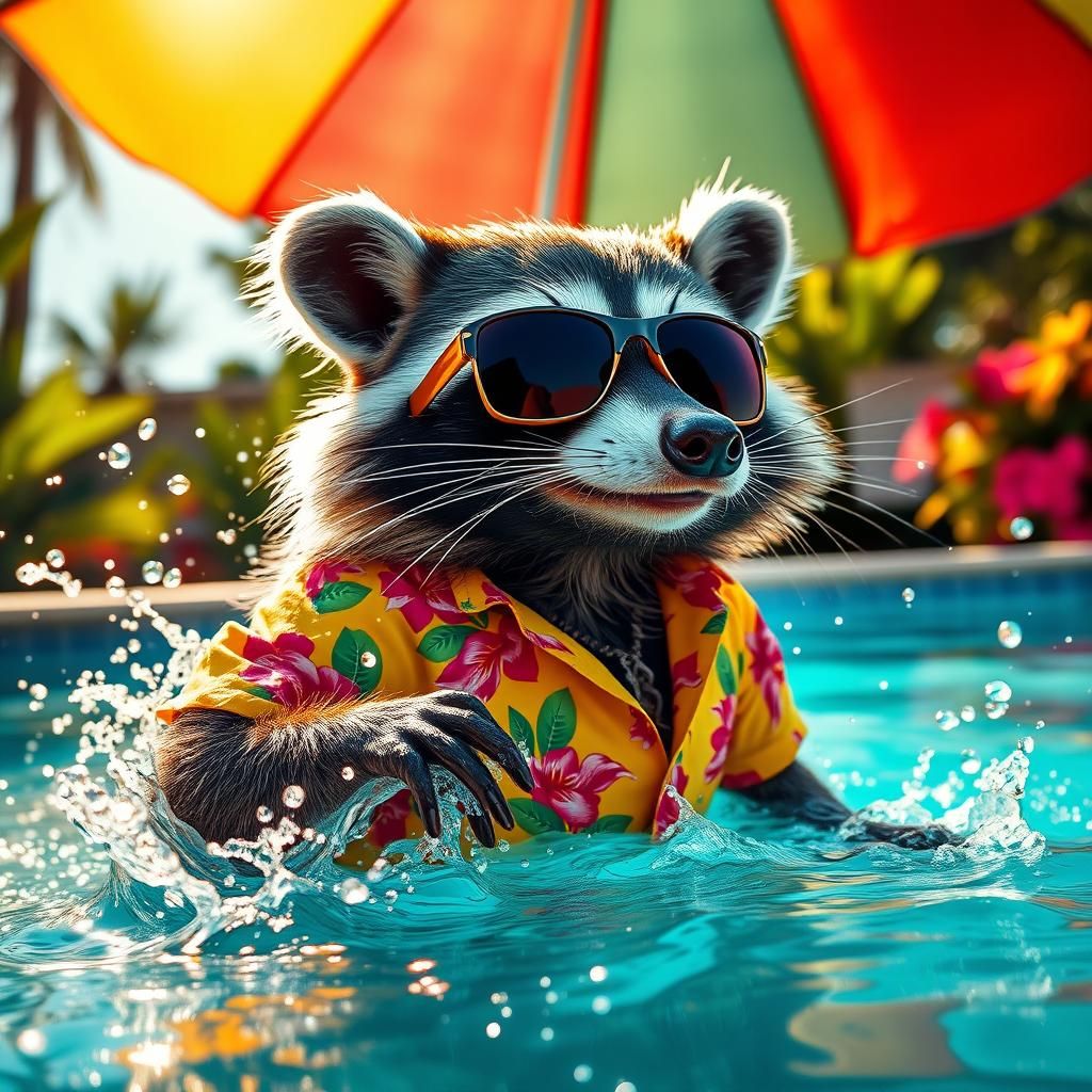 Raccoon in Hawaiian Shirt Splashing in Pool
