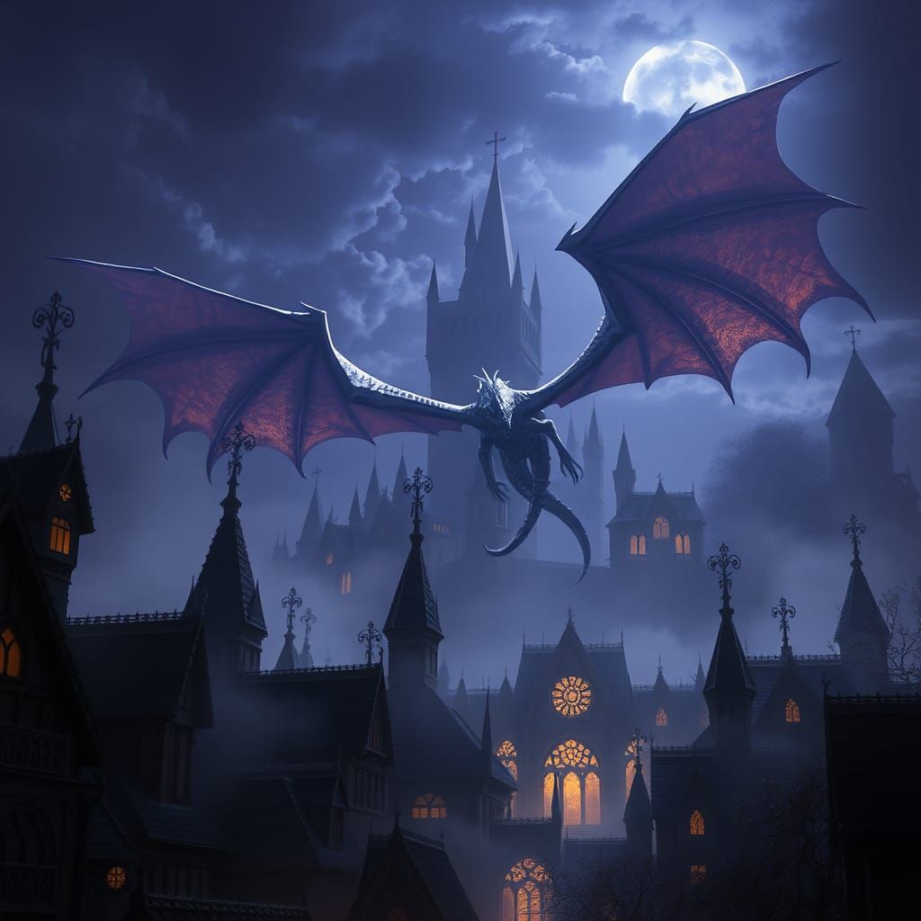 Medieval Town with Dragon, Gothic Architecture and Eerie Lig...