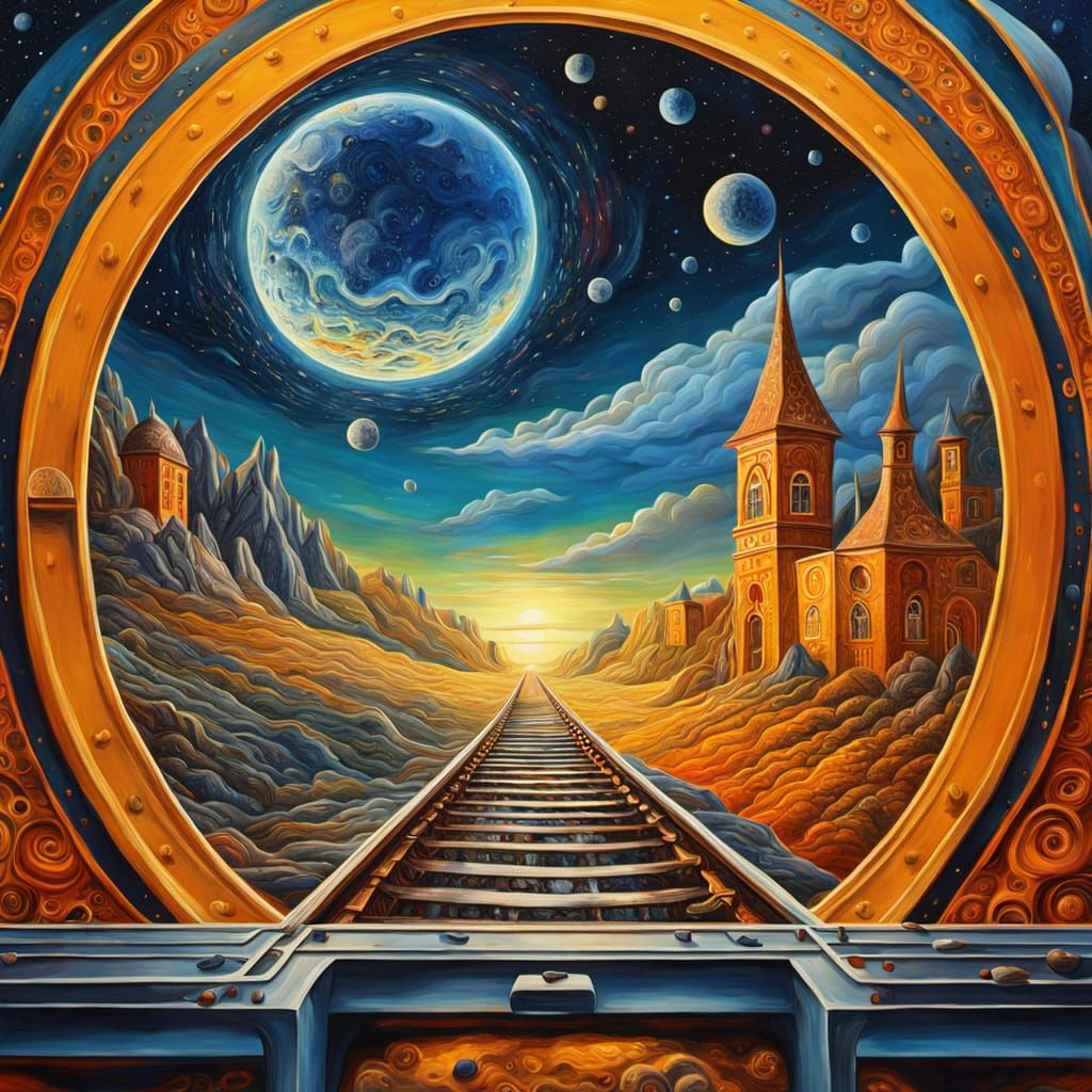Surreal Train Journey Through Cosmic Realms in Vibrant Oil