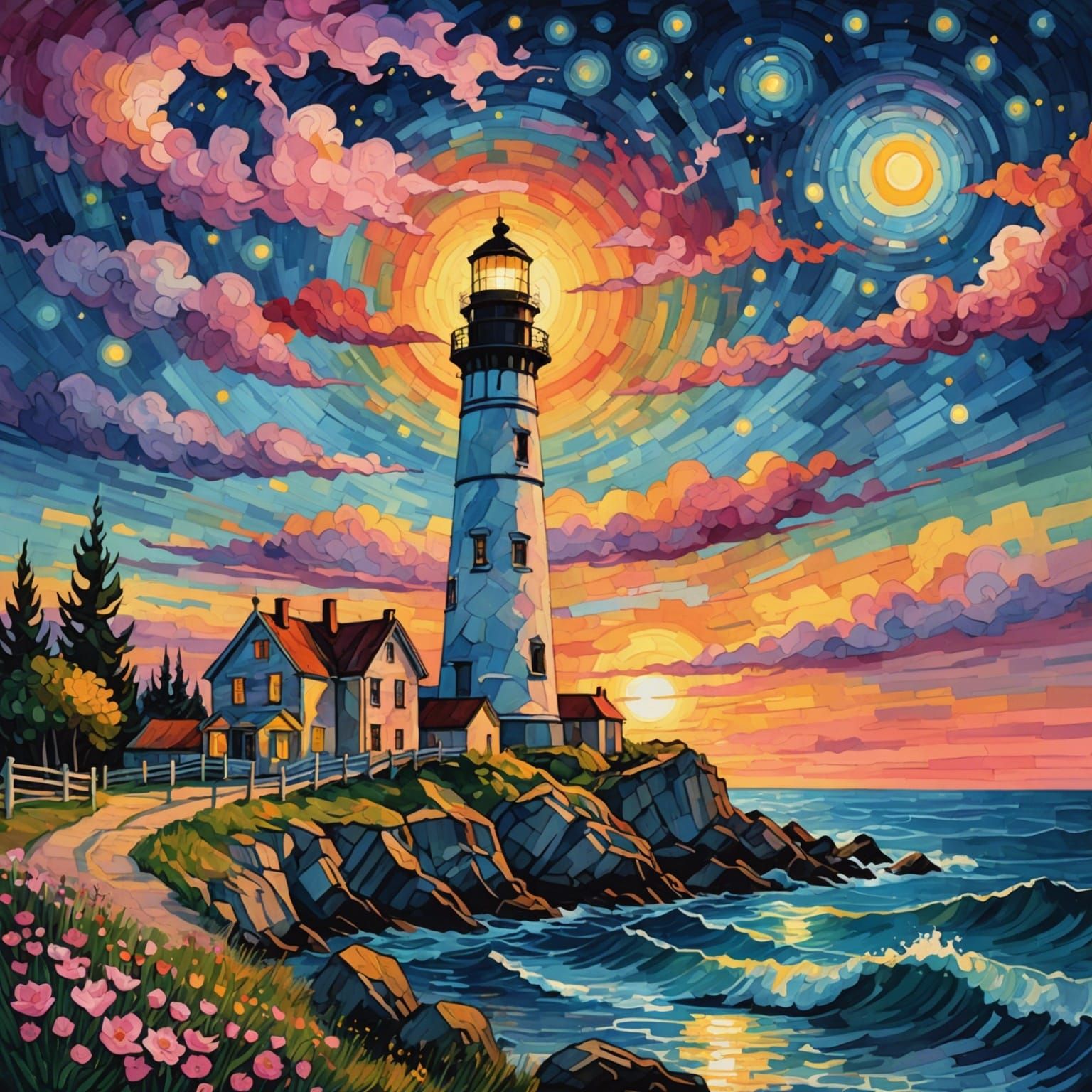 Lighthouse and Sea Pink Flowers in Gothic Watercolor