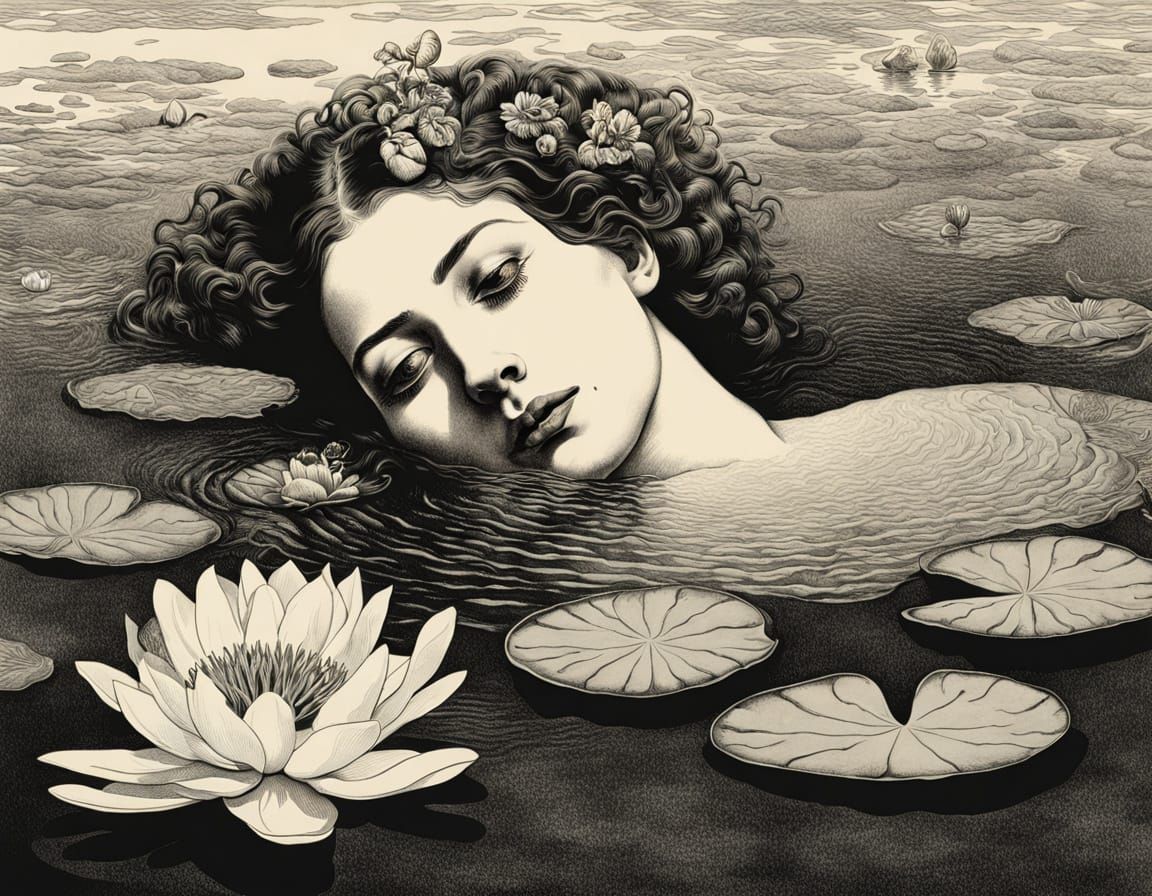 Surreal Ophelia Drowning in Waterlily Pond