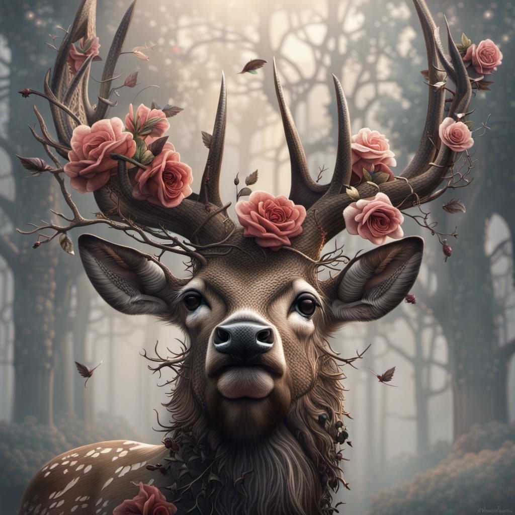 Deer Crowned with Roses and Thorns: Digital Painting