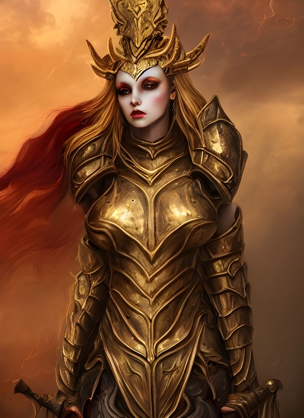 Demonic Golden Goddess on Battlefield: Hyperrealistic Art