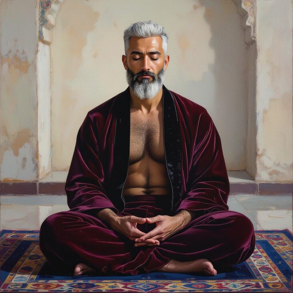 Serene Man in Temple Oil Painting Neo-Impressionist Style