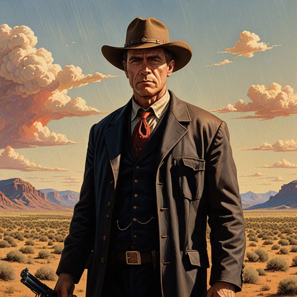 Giant Judge Holden with Scythe in Apocalyptic Sunset