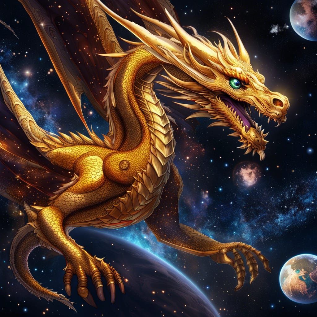 Golden Dragon Flies Through Galaxy: Anime Style