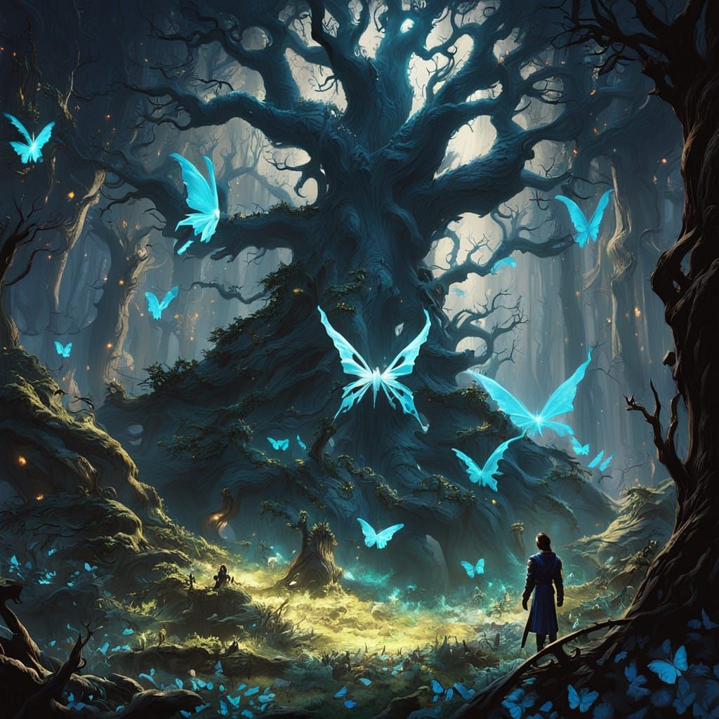 Enchanted Forest Grove with Starlight and Butterfly