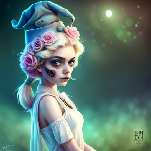 Delicate Fantasy Creature with Witch's Hat and Kitten