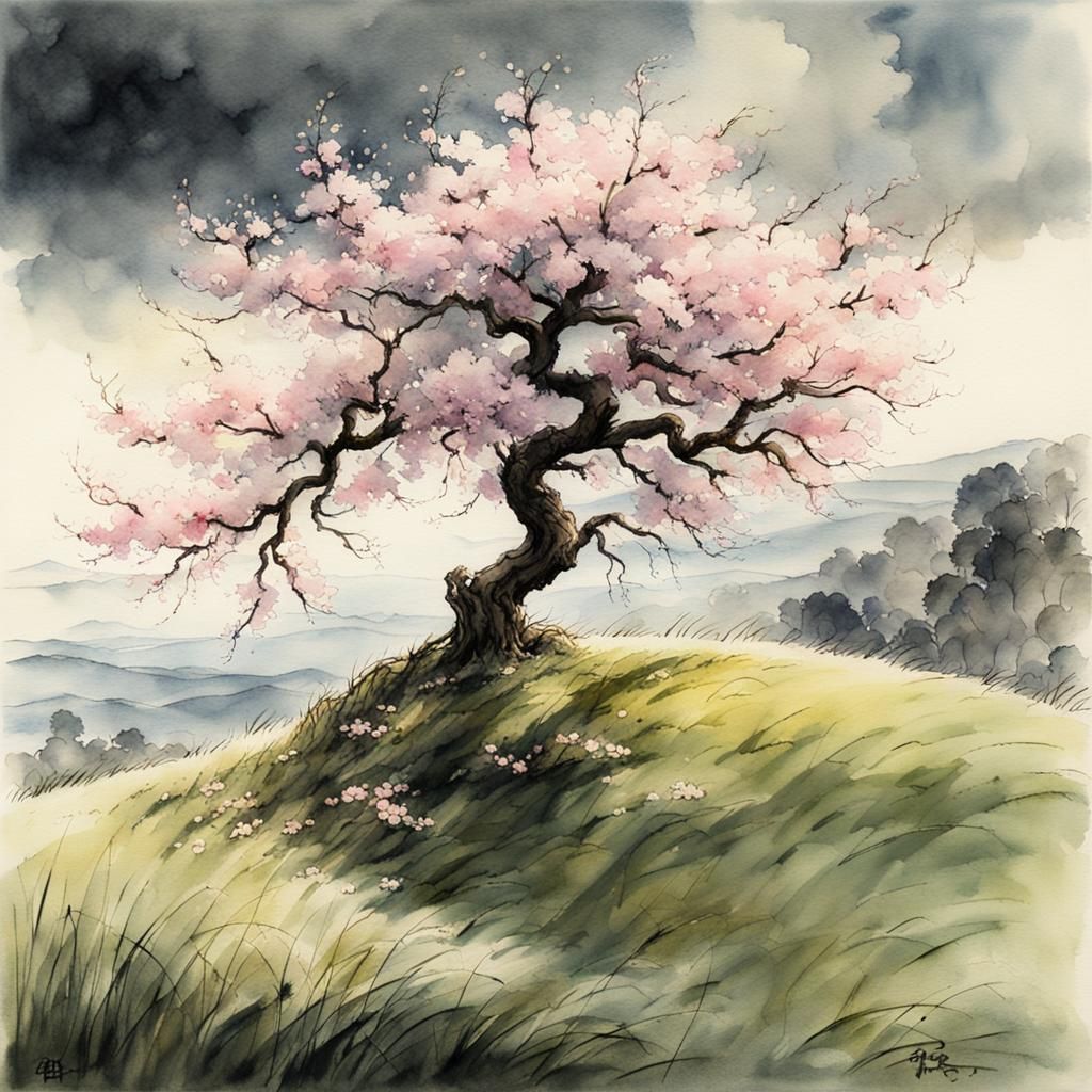 Lone Cherry Blossom: Watercolor Painting with Water Reflecti...