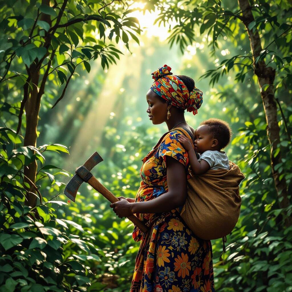 African Woman With Baby Clears Forest Path Digital Painting