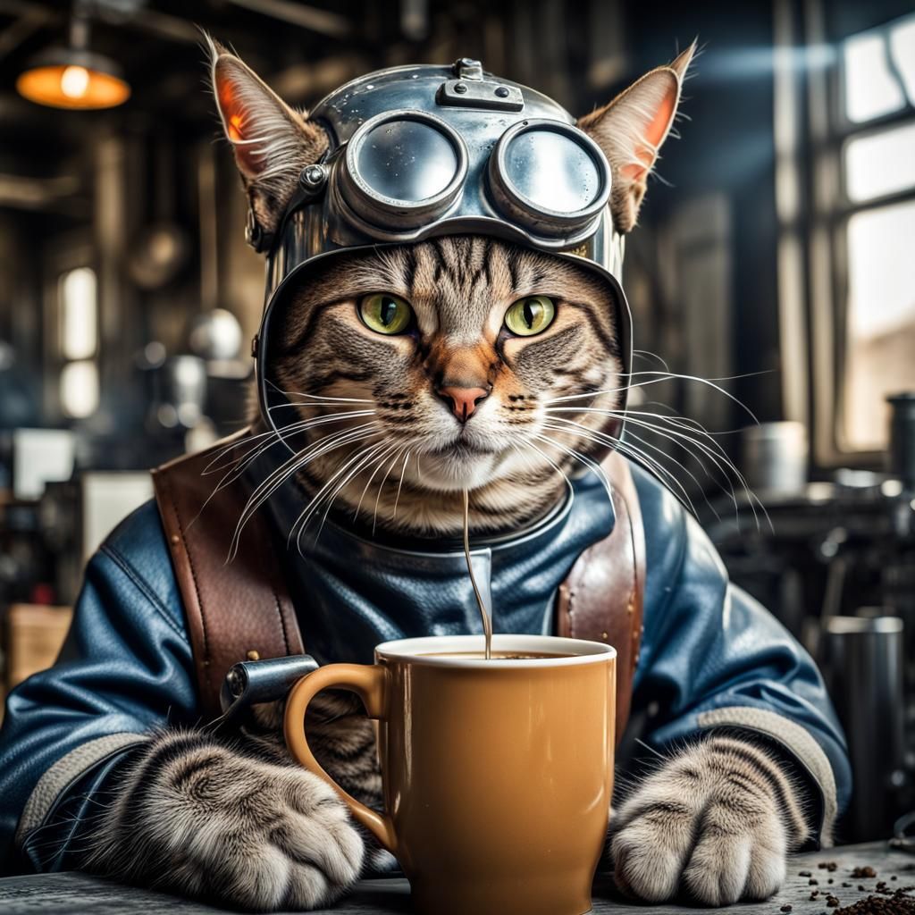Cat Welder Sipping Coffee in HDR