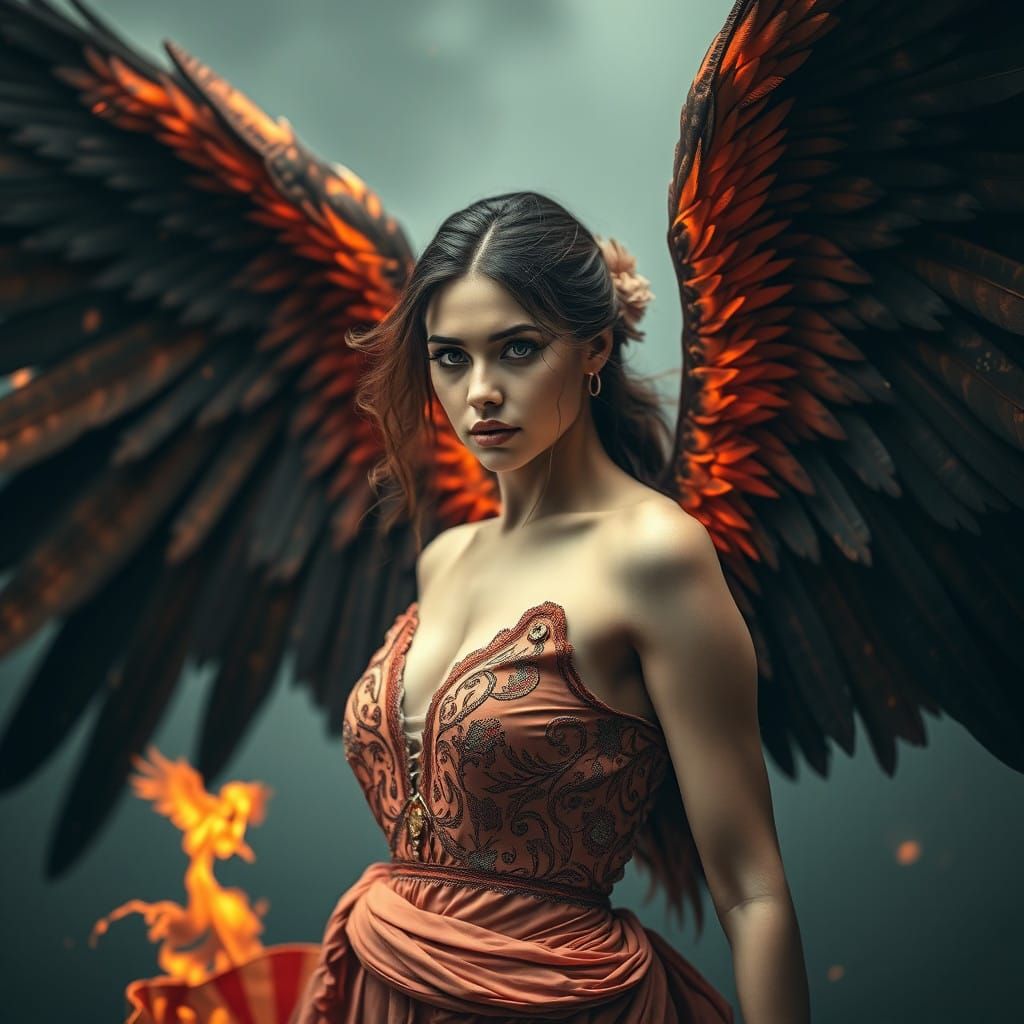Ethereal Woman with Wings of Resplendent Phoenix