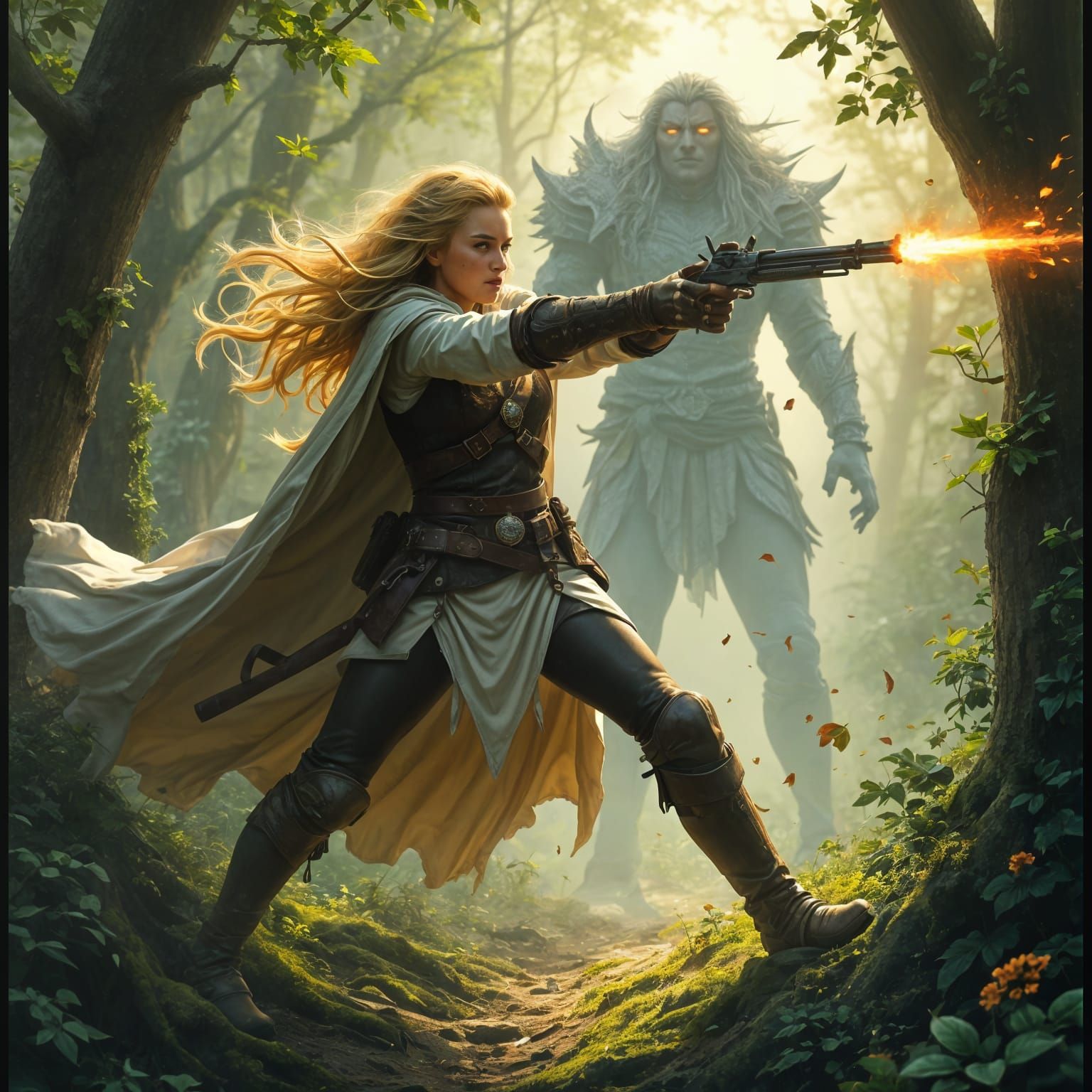 Half-Elven Hunter Battling Shadow-Beast at Dawn