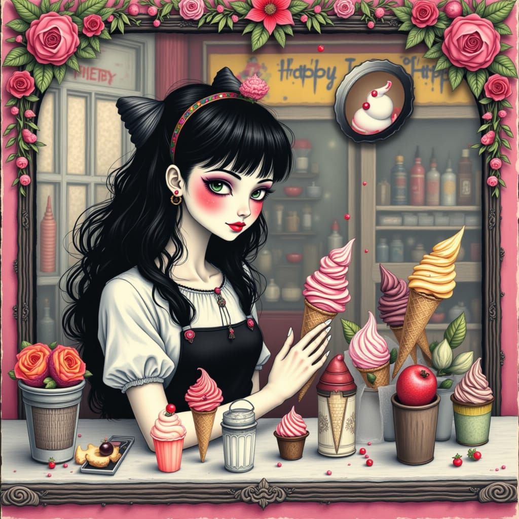 Happy Goth girl buying ice cream in a cheerful happy ice cre...