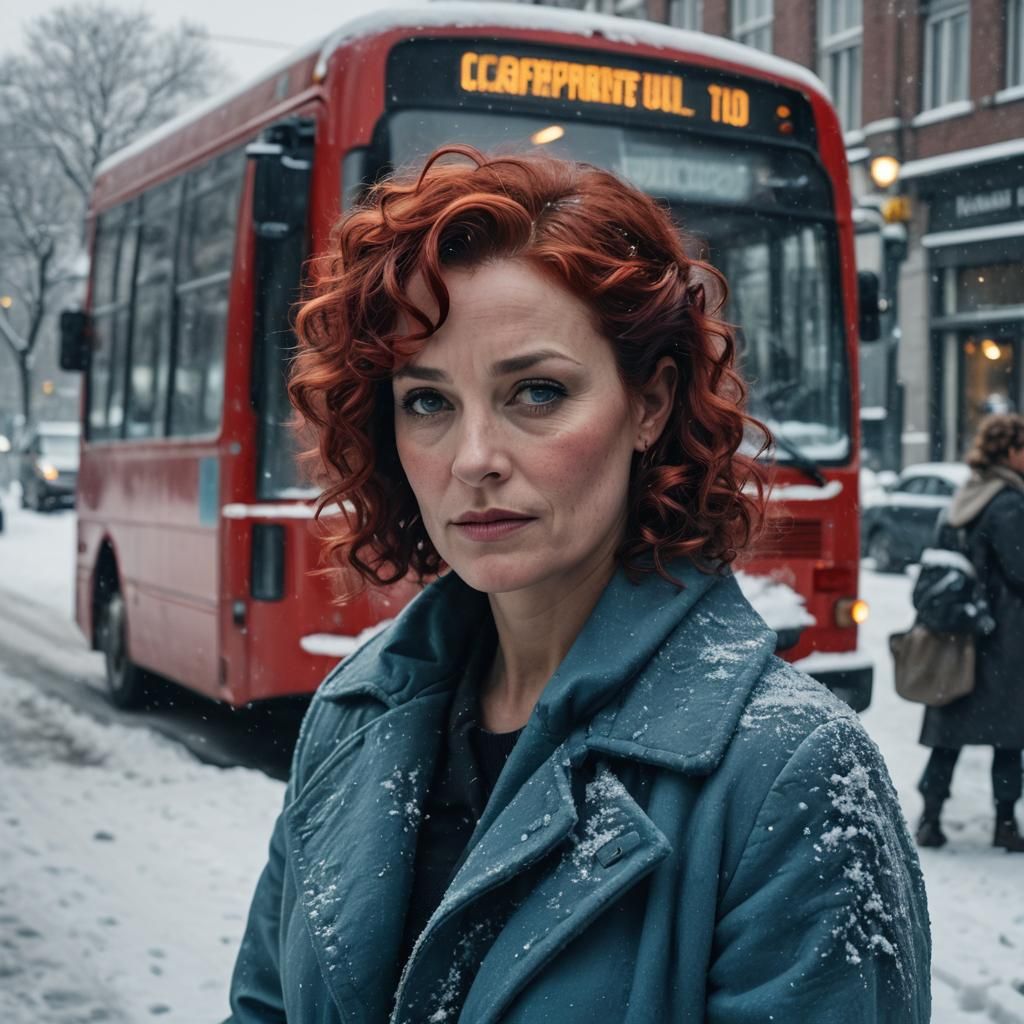 Despondent Actress in Snowy Urban Scene