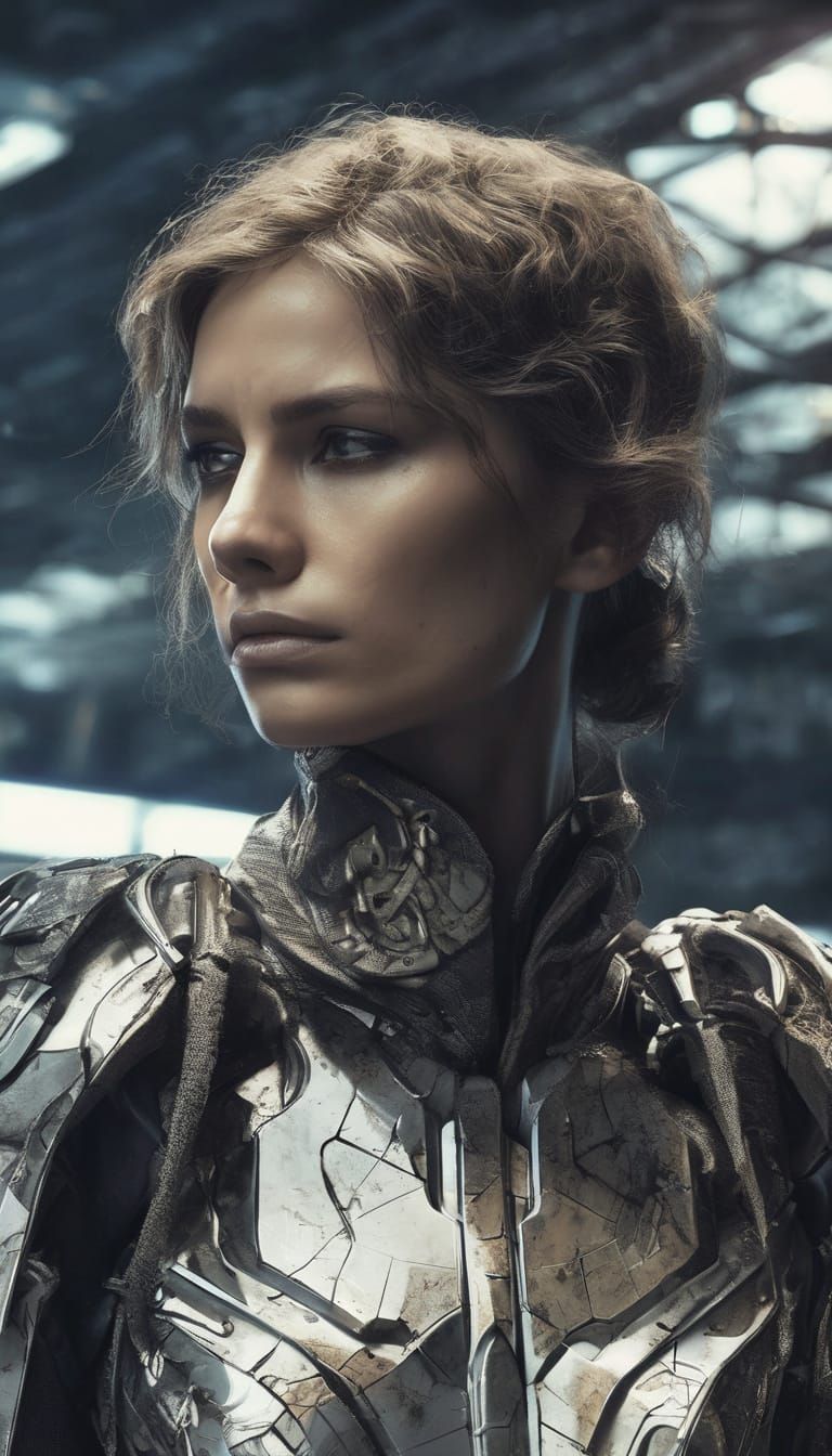 Dark Fantasy Warrior Woman in Futuristic Cityscape