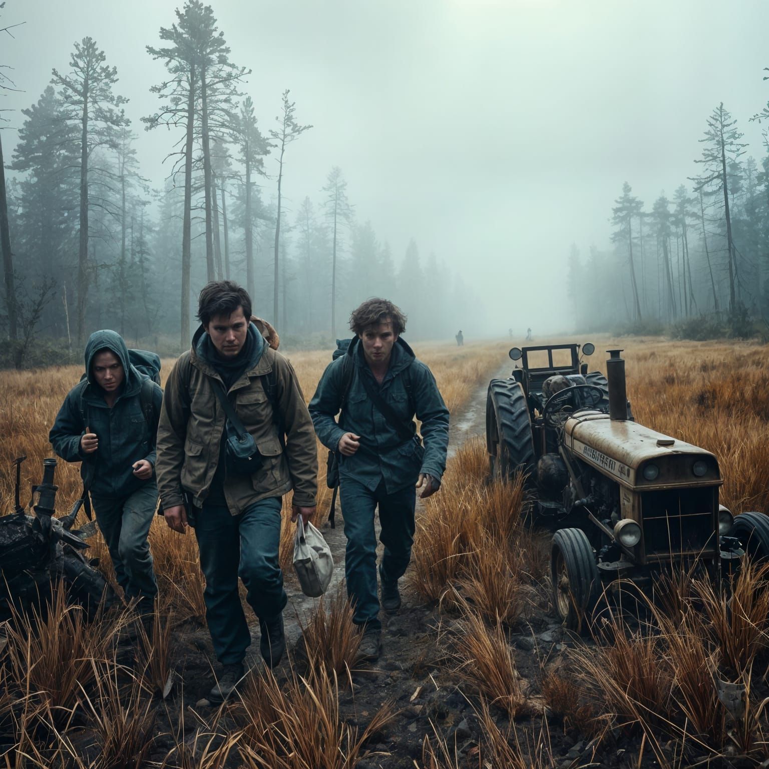 Travelers in Desolate Autumn Landscape