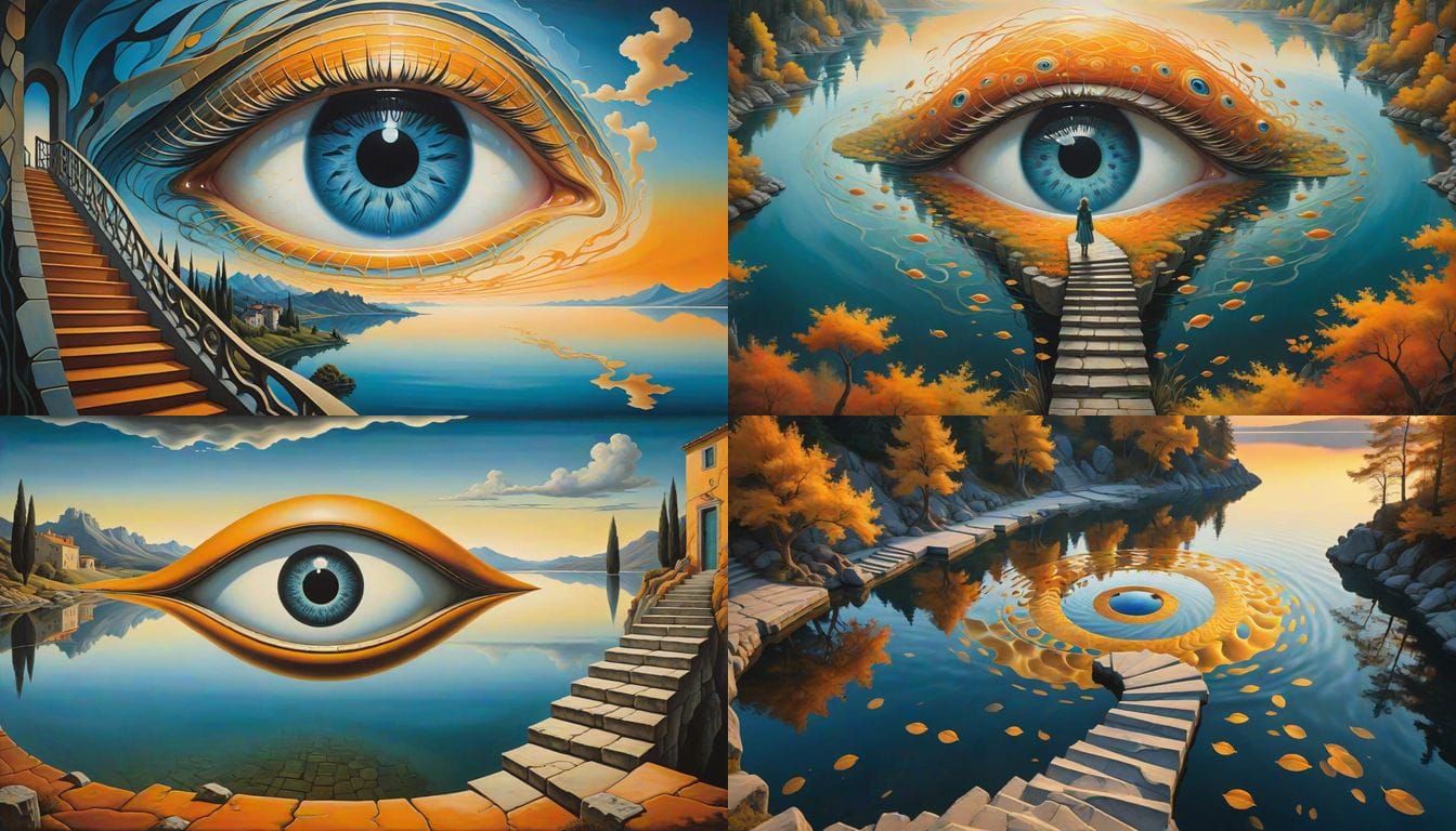 Surreal Oil Painting of a Giant Eye Hovering Above a Serene....