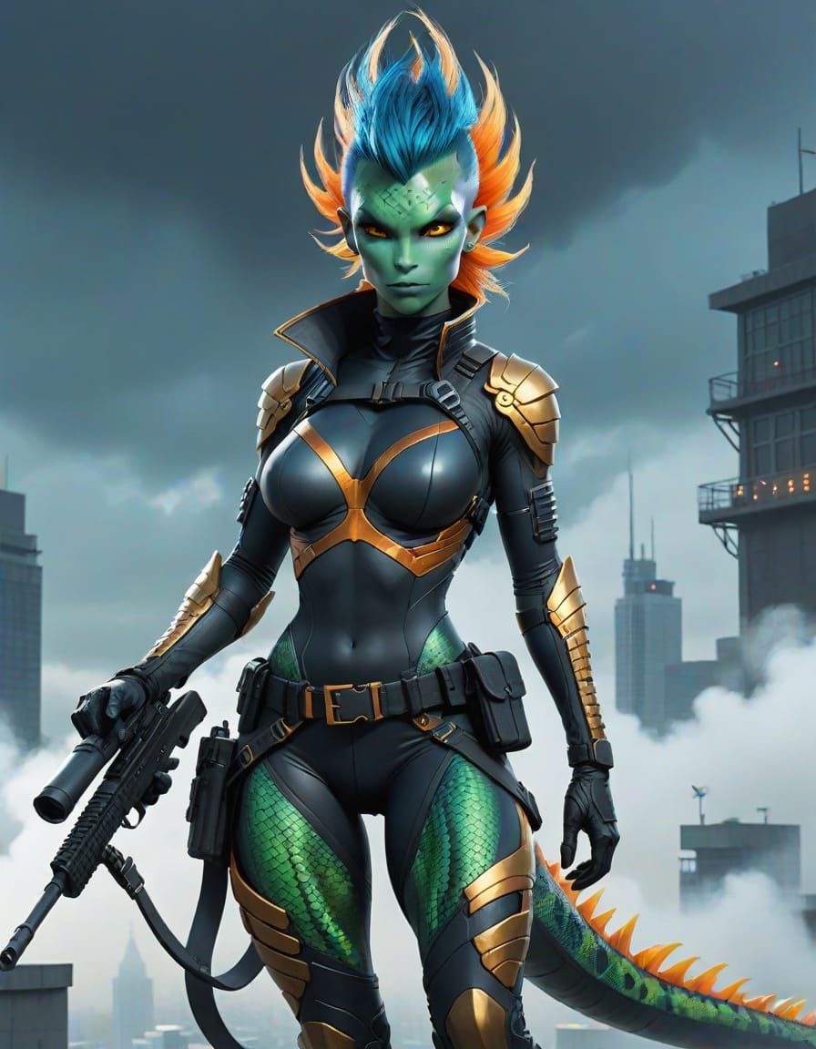 Lizard-Woman Sniper in Magical Tech Fantasy