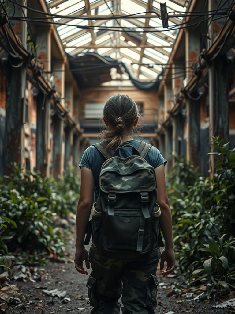 industrial urbex, a girl in camouflage clothing with a backp...