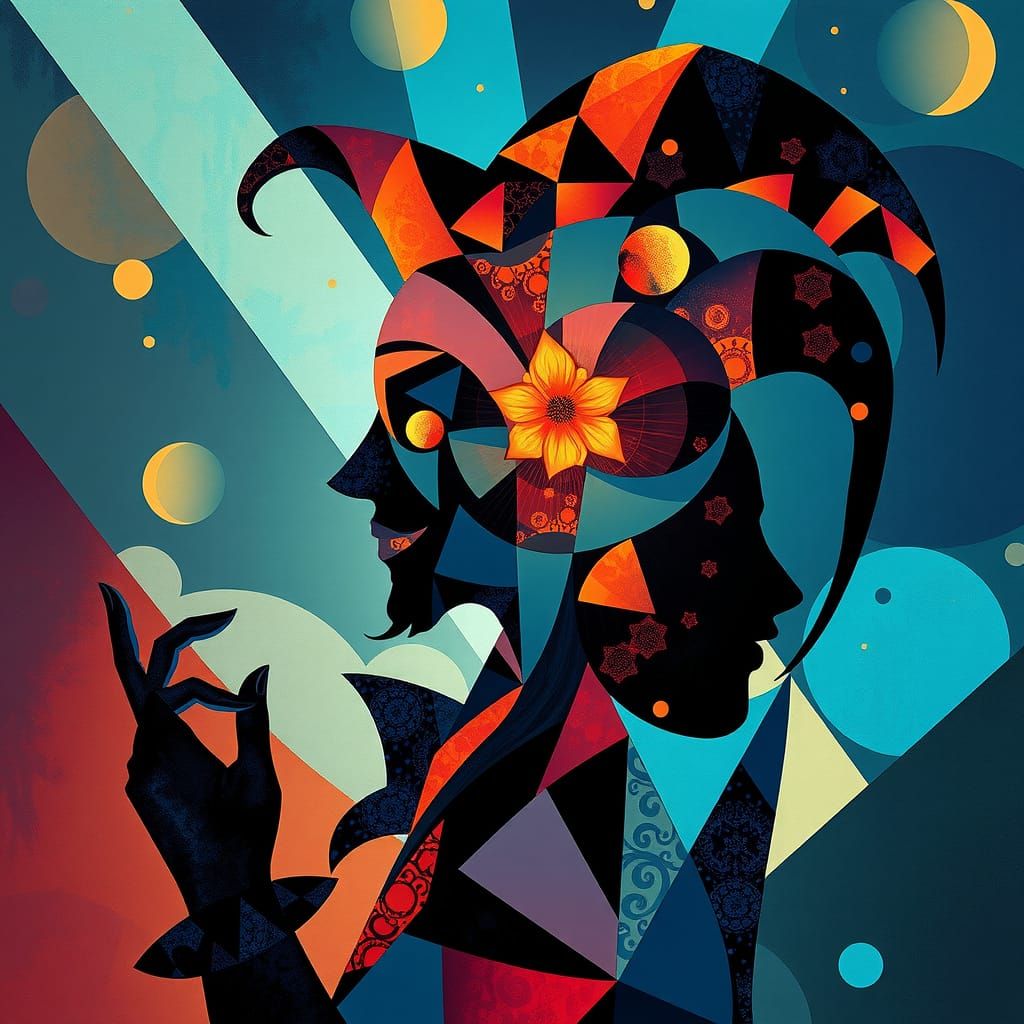 Cubist Jester in Dreamlike Geometric Abstraction